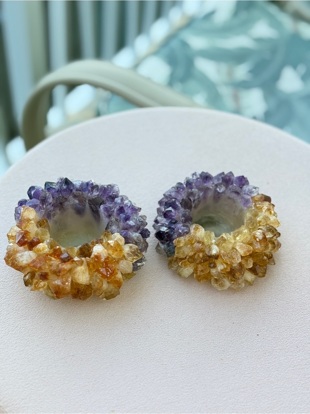 Handmade Amethyst & Citrine Candle Holders, Natural Gems - Set of 2